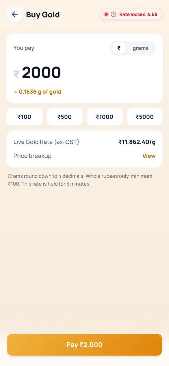 Buy gold screen converting a rupee amount into grams at the live gold rate