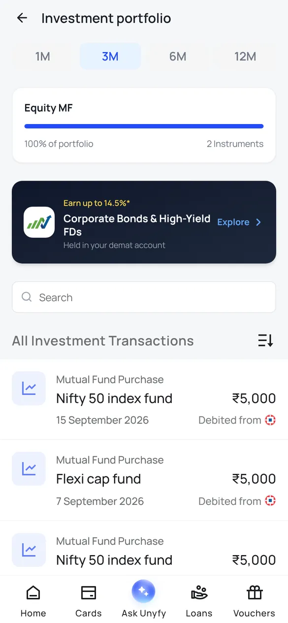 Investment portfolio screen with equity mutual funds and the SIP purchases listed by date