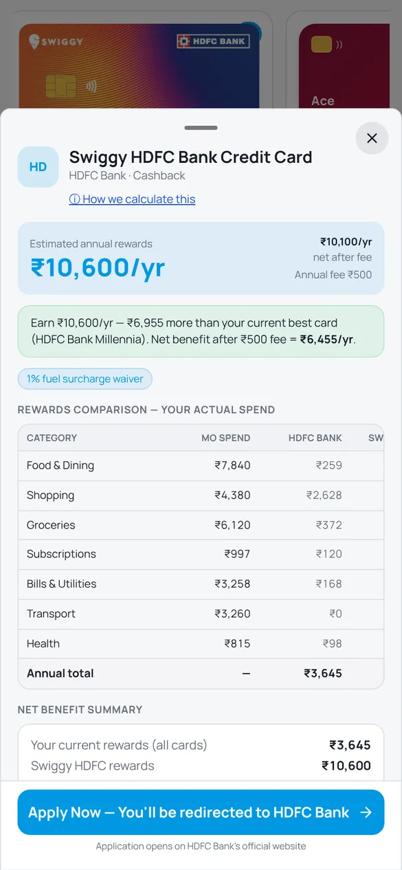 Card details sheet comparing yearly rewards by category against the current card, with the net benefit after the fee