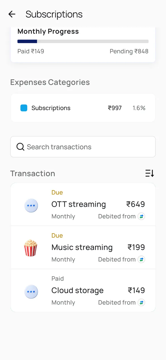 Subscriptions list with streaming and storage subscriptions, each marked due or paid